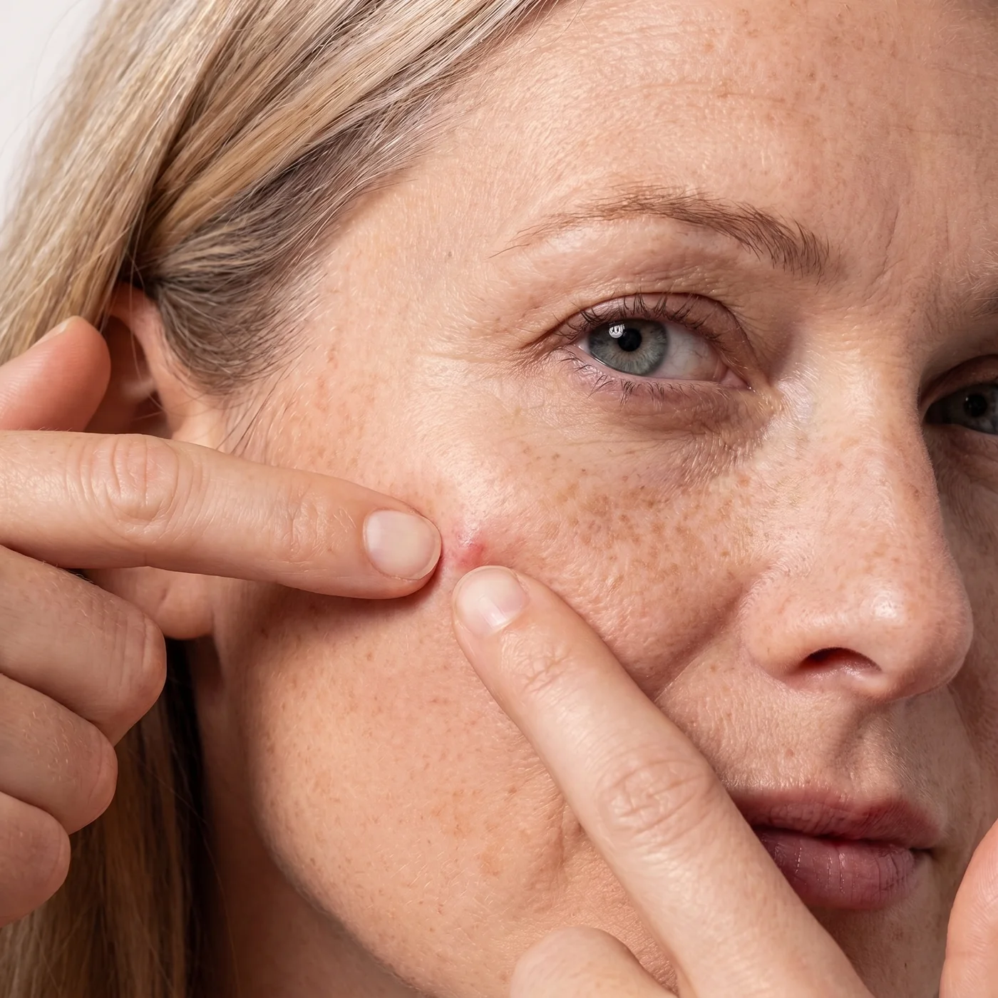 A woman examining a blemish on freckled cheek skin