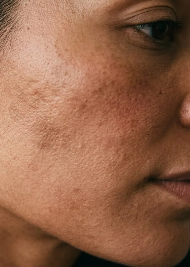 Atrophic acne scarring and uneven texture across the cheek