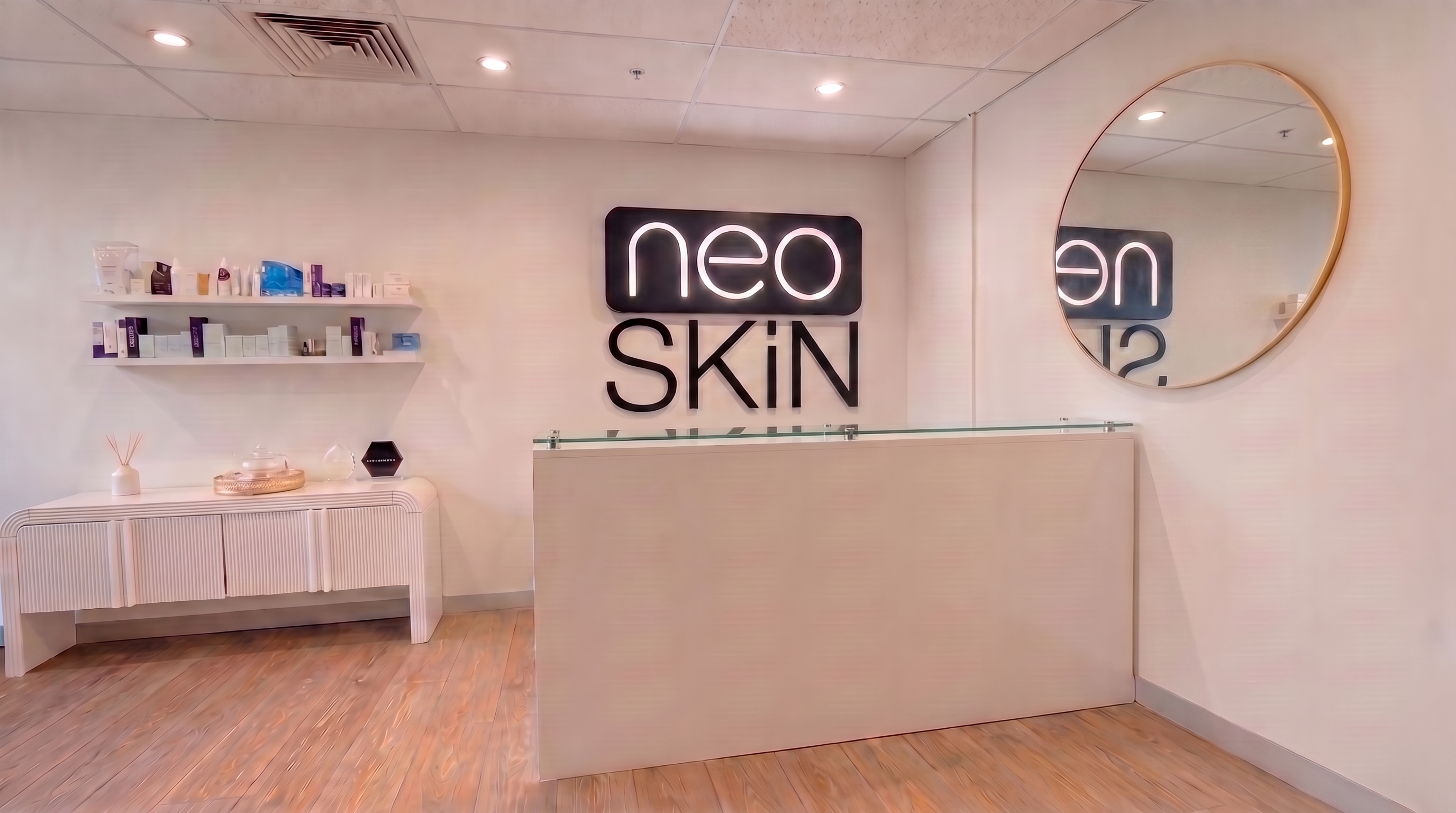 neoSKiN reception counter and illuminated clinic sign in South Melbourne