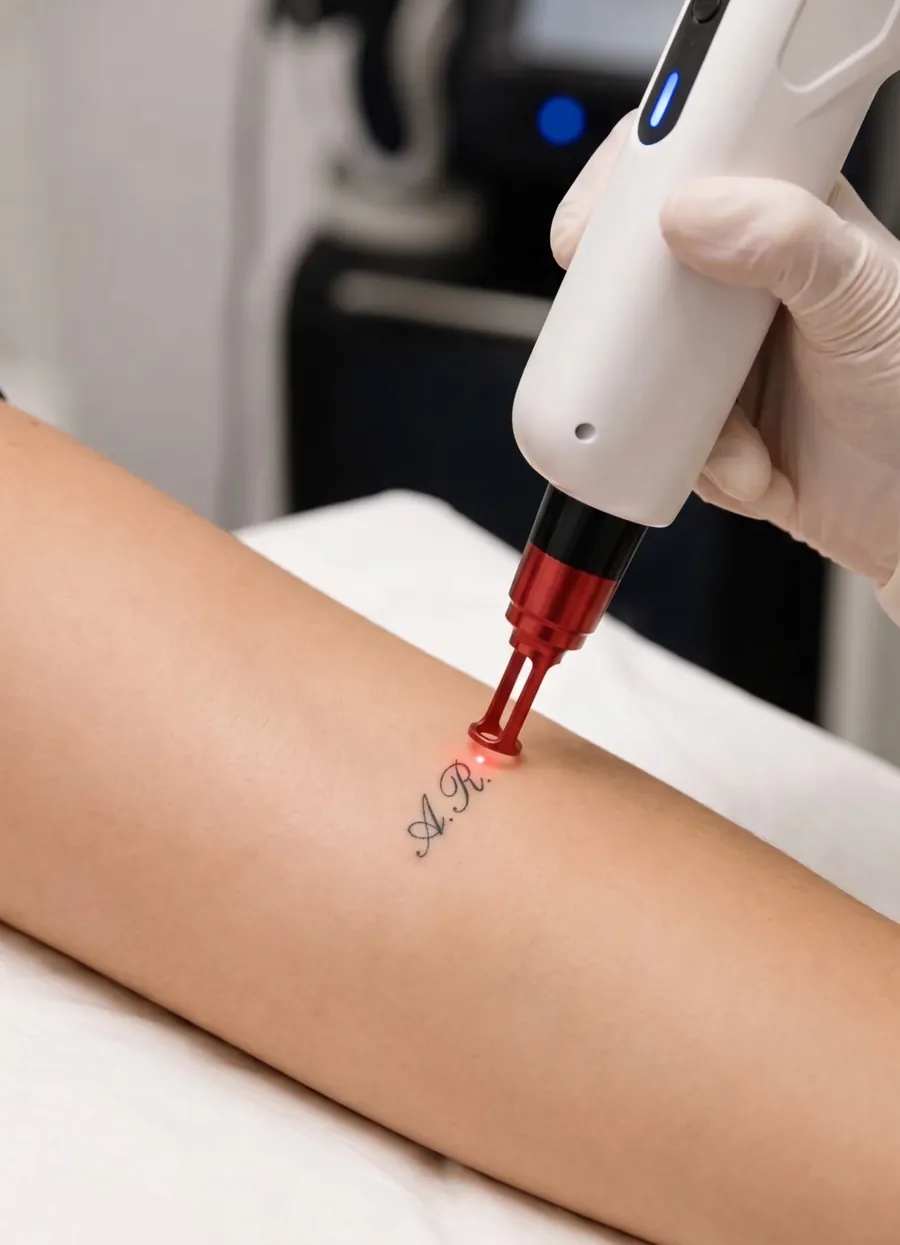 Pico laser handpiece being used on a small forearm tattoo