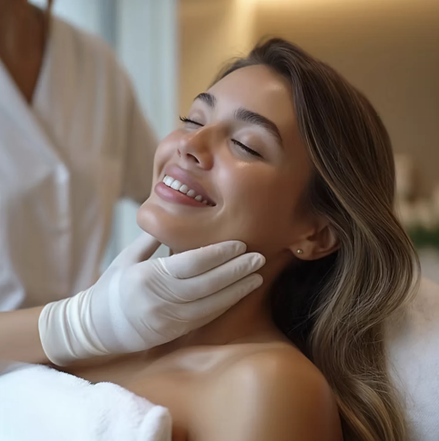 A client smiling while a clinician assesses her skin before a facial