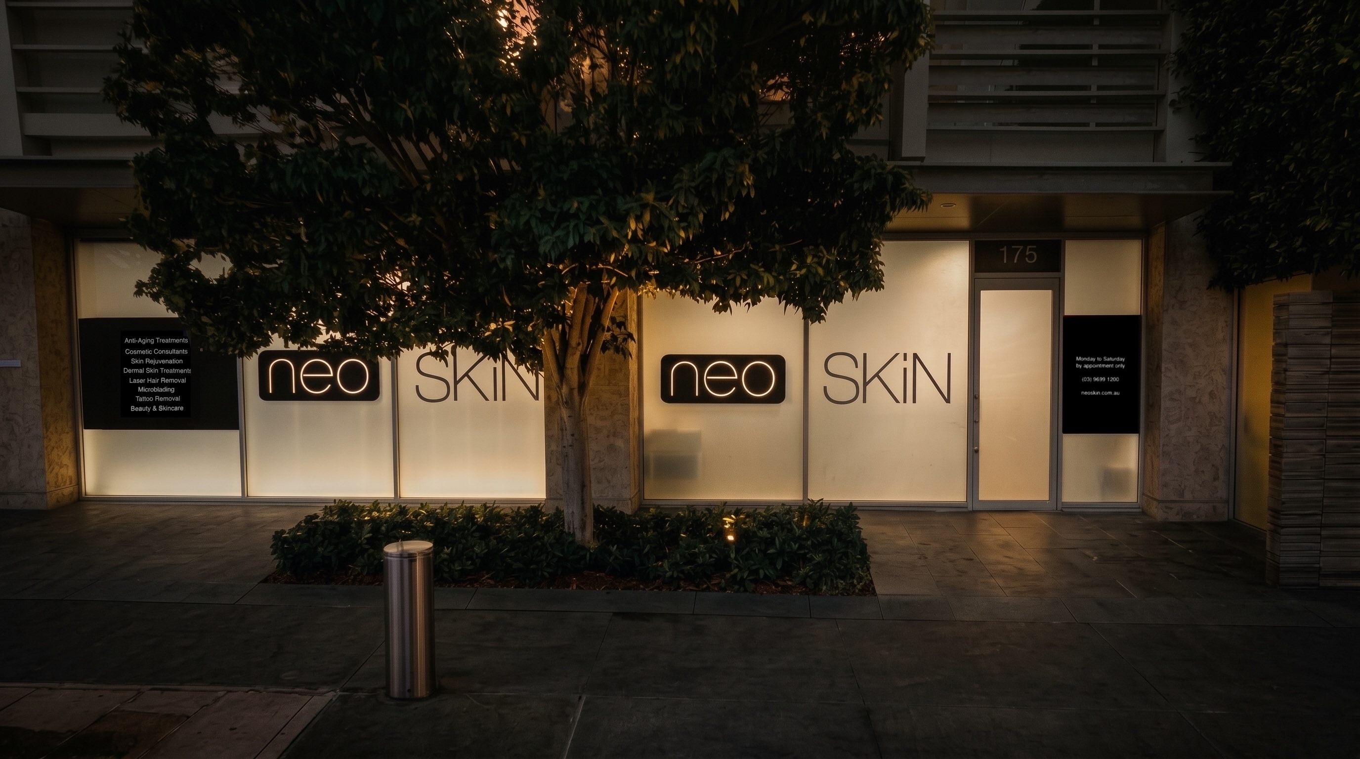 neoSKiN storefront at 175 Wells Street, South Melbourne, at night