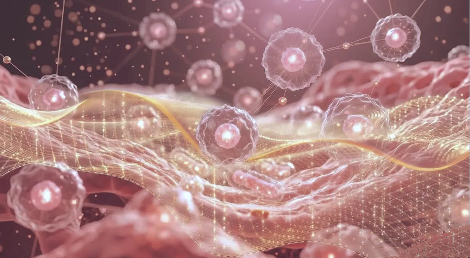 Illustration of skin cells and collagen fibres beneath the surface