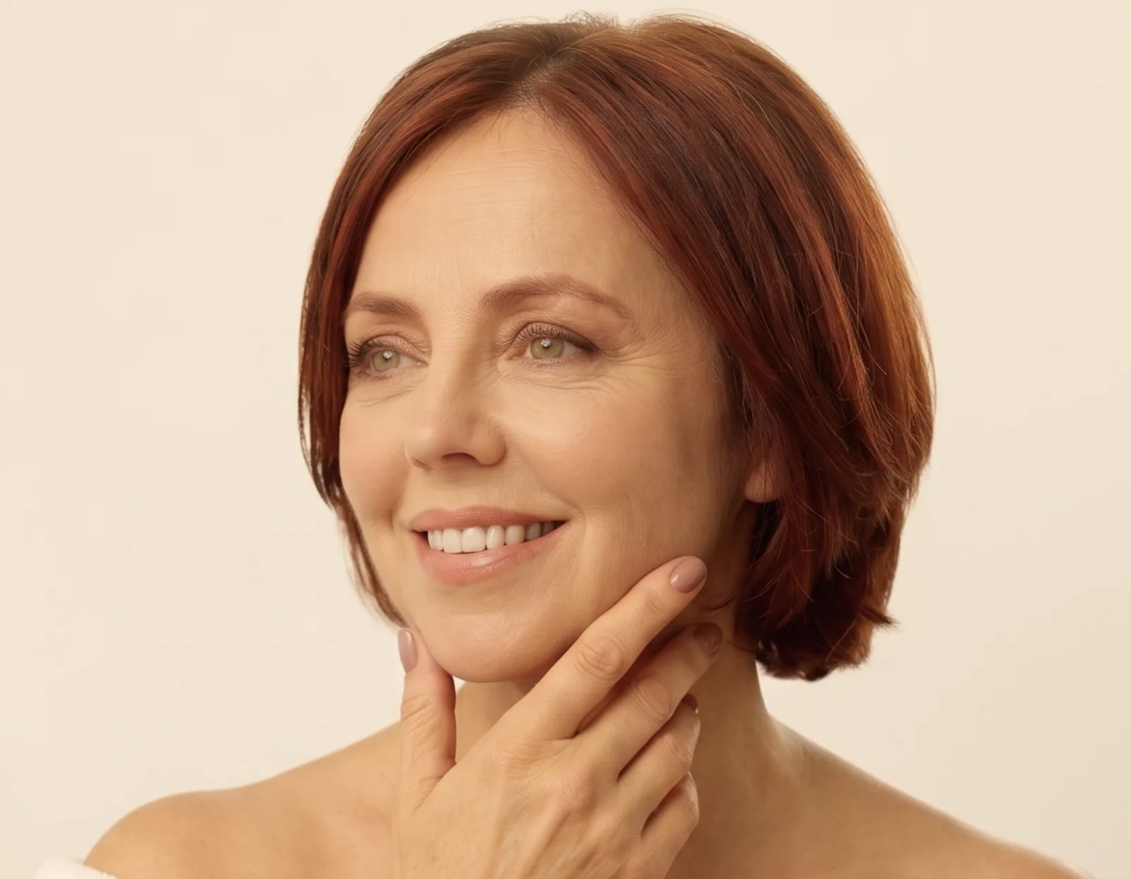 Mature woman with naturally visible fine lines and healthy skin