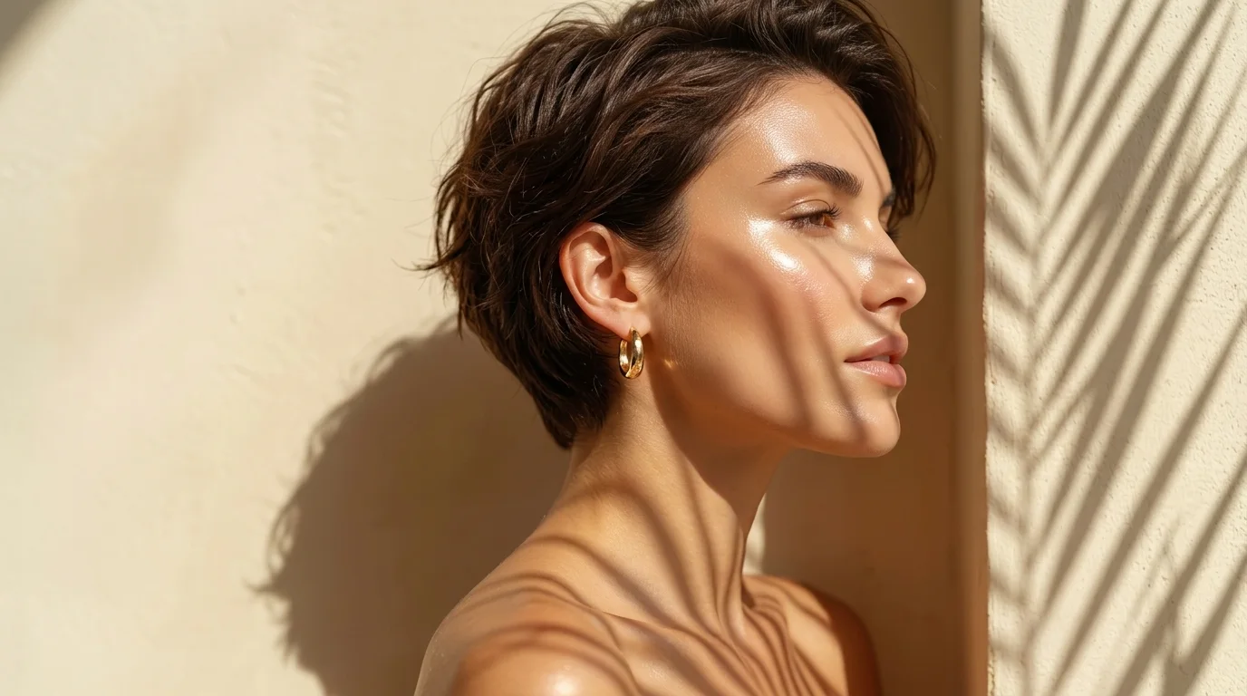Woman with naturally defined brows in warm light