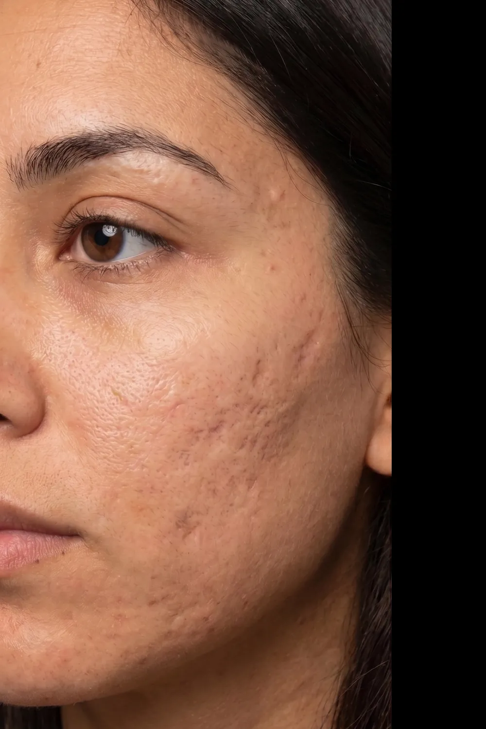 Acne scarring across the cheek before treatment