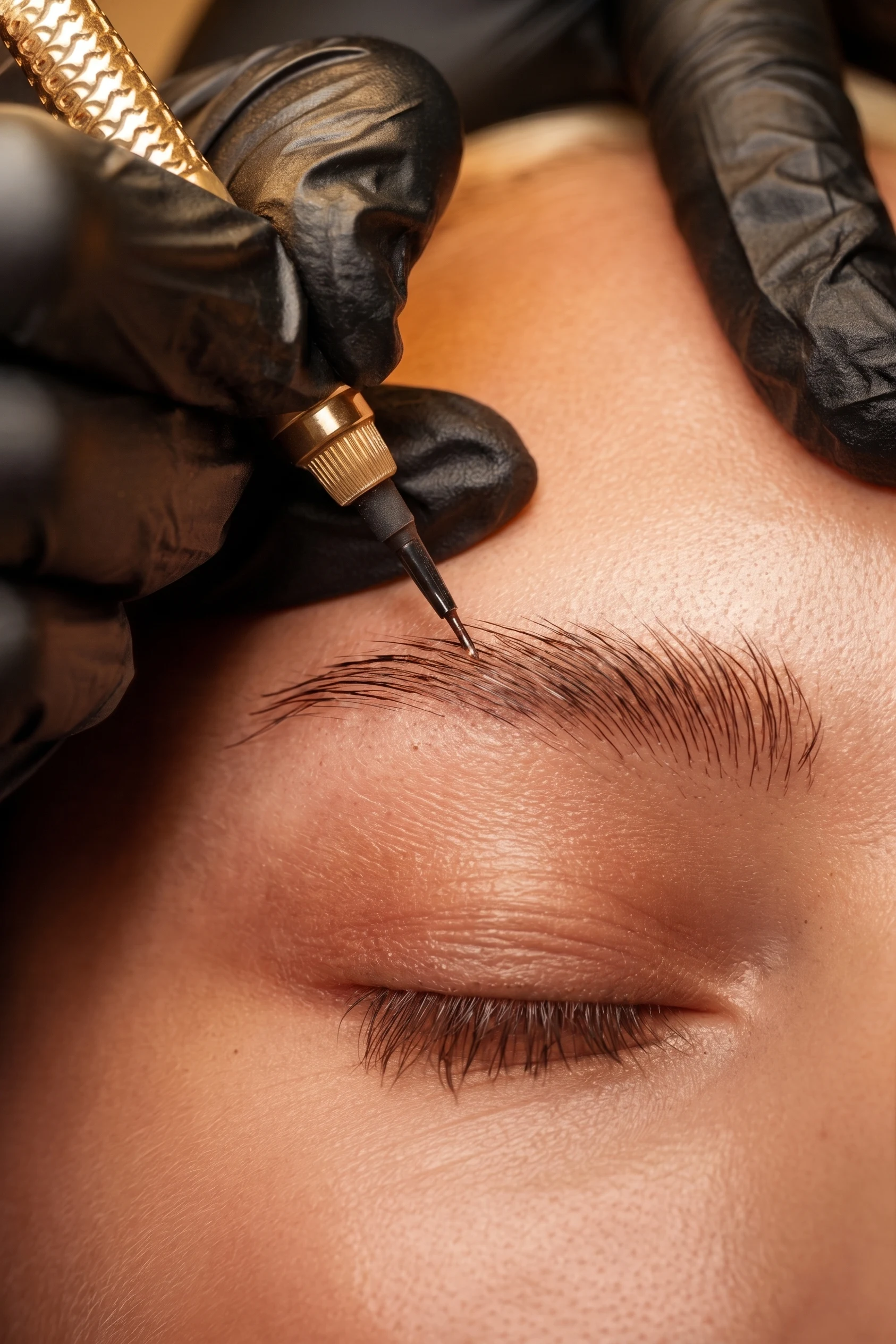 Microblading hair strokes being applied to a client's eyebrow