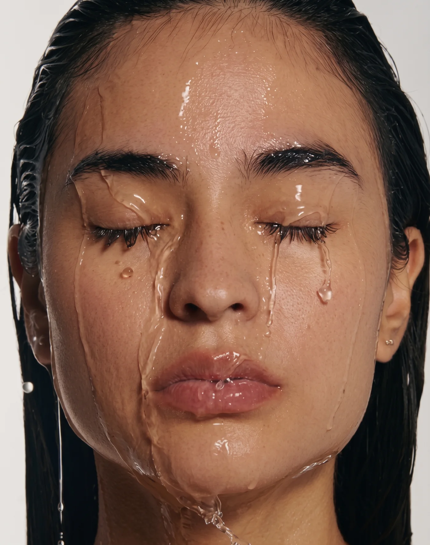 Close portrait of hydrated facial skin with water