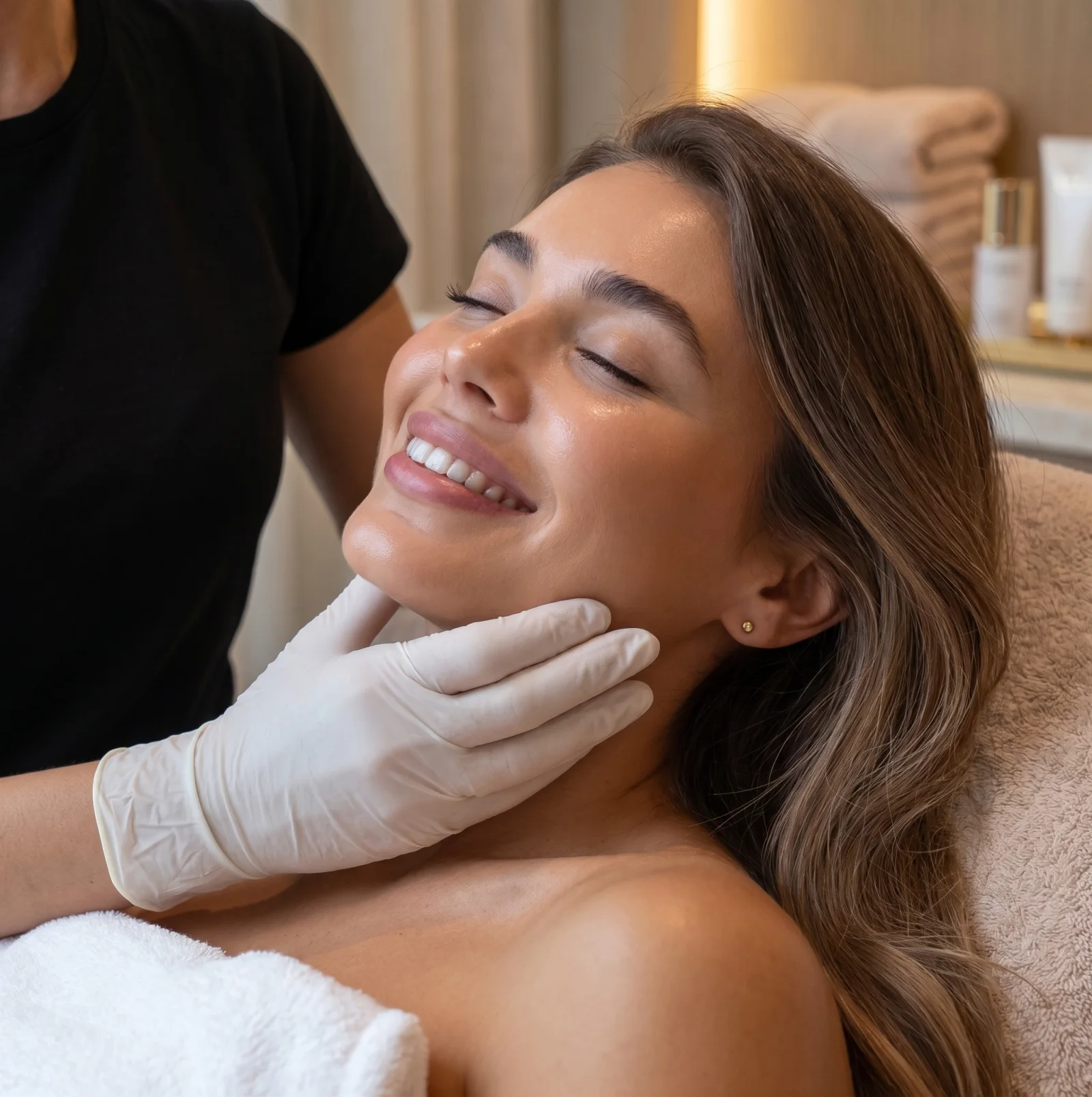 Clinician assessing a client's facial skin at neoSKiN